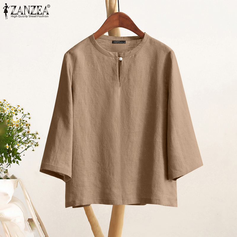 ZANZEA%20Women%20Casual%20Crew%20Neck%20Solid%20Color%20Tops%20Three%20Quarter%20Sleeve%20Shirt%20Solid%20Bohemian%20Blouses%20-%20Image%205