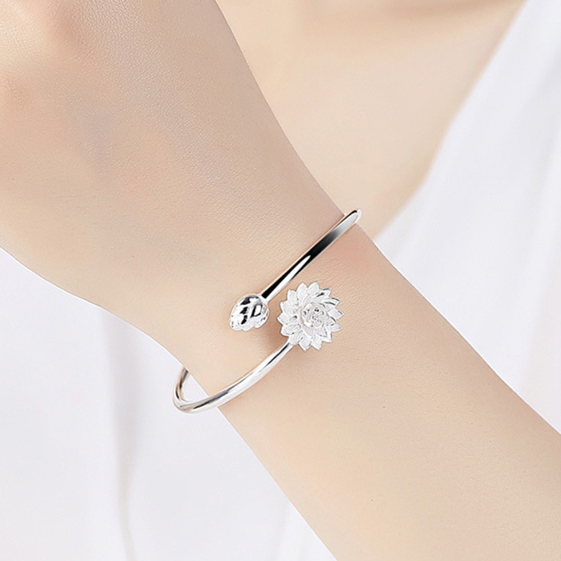 Korea Vòng Tay Charm Hoa Sen Bằng Bạc Vòng Tay Trang Sức Vòng Tay Hở Retro