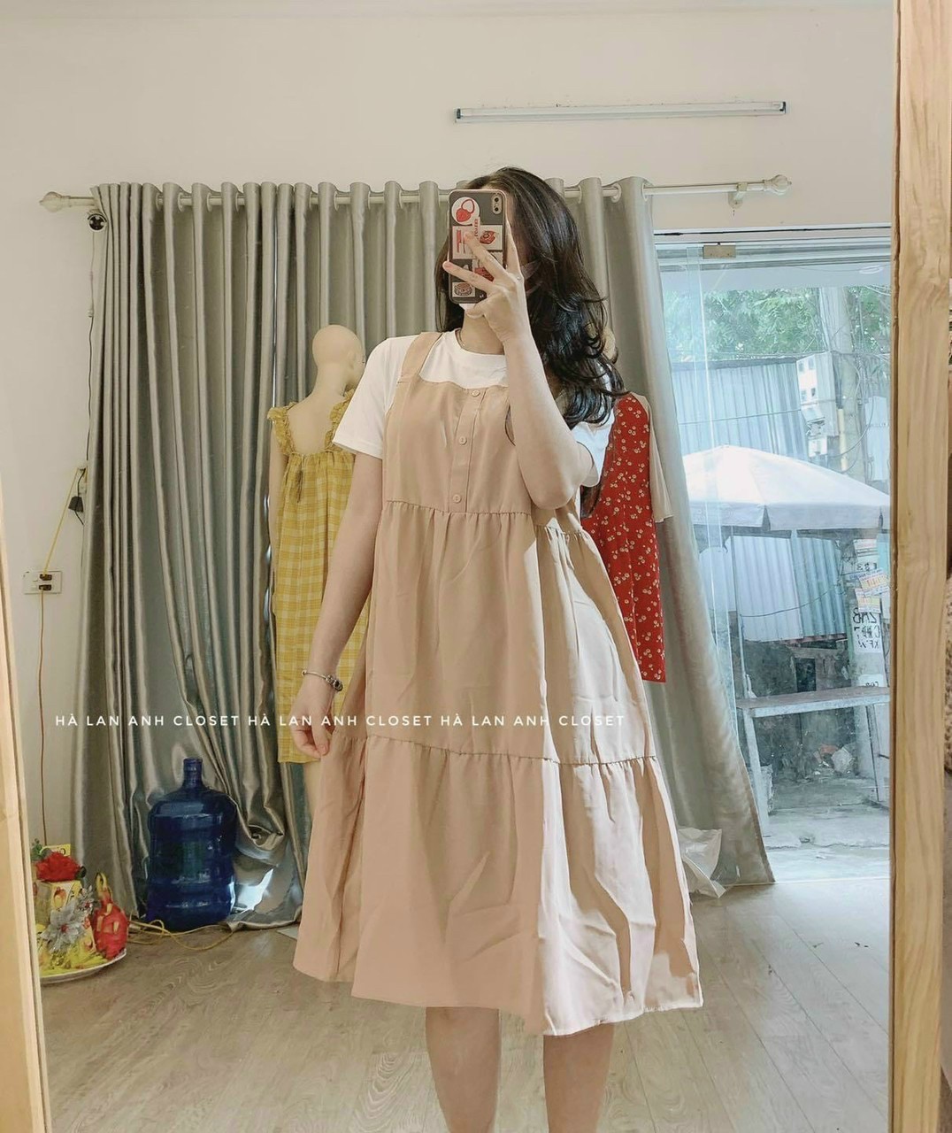 Đầm bầu váy bầu dài tay thu đông dáng suông-váy bầu cotton dài tay thu đông, xếp tầng