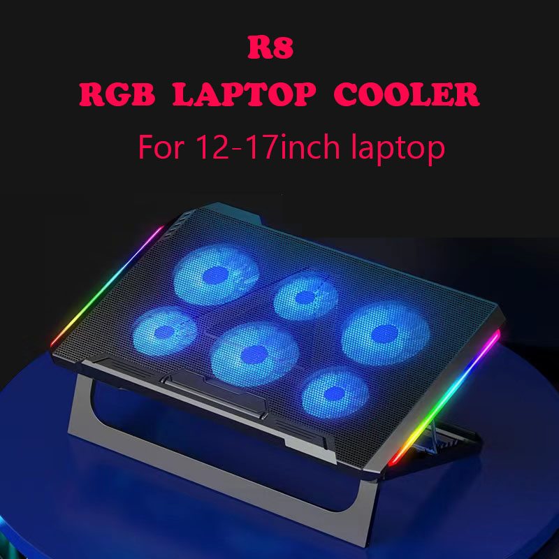 Six Fan Gaming Laptop Cooler Two USB Port RGB Lighting Laptop Cooling