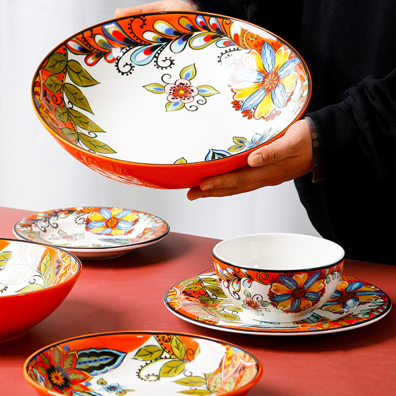 Omk phong cách Mỹ underglaze gốm bộ đồ ăn đĩa ăn tối Đĩa sâu bát đựng sa lát Bộ đồ ăn