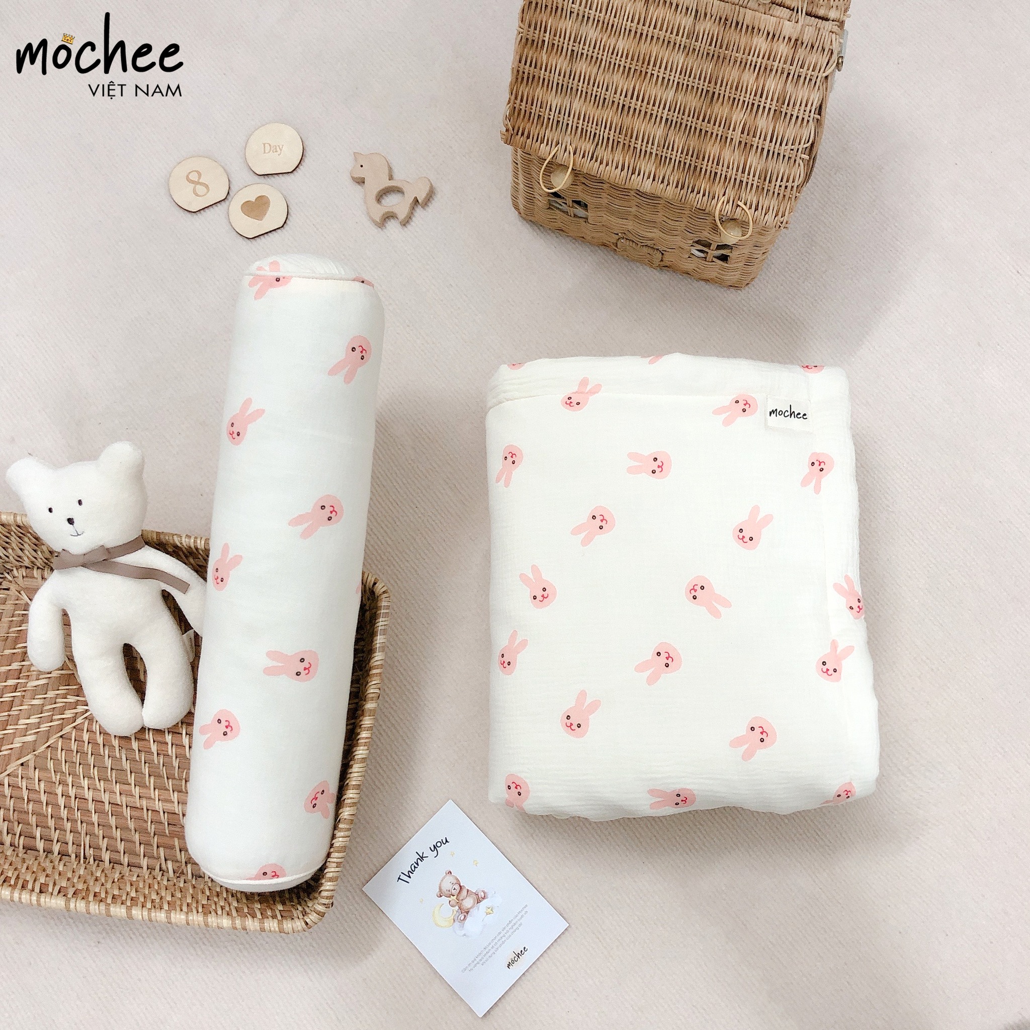 Gối ôm muslin cho bé Mochee 15x50cm, gối ôm trẻ em vải xô cotton họa tiết - Hàng chính hãng
