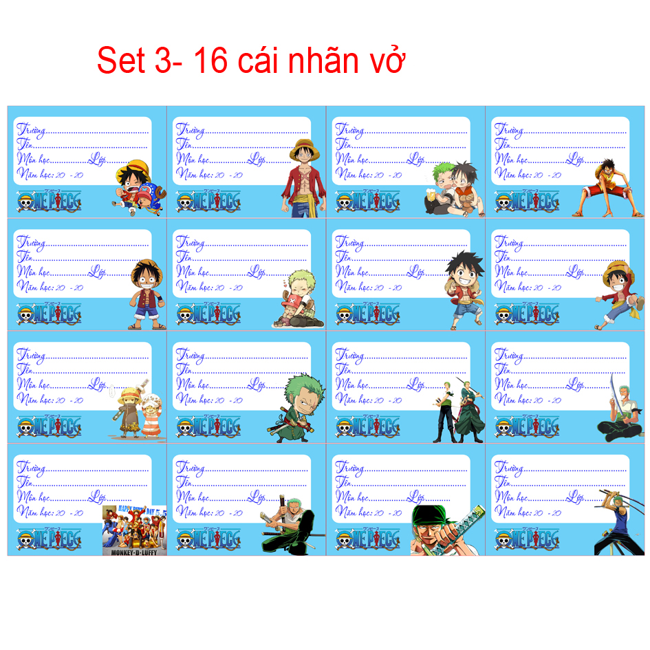 Nhãn vở anime One Piece ( Combo 48 nhãn vở hình khác nhau)