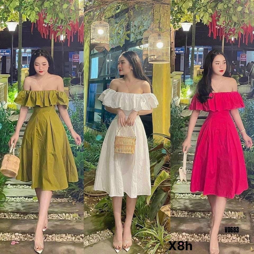 Đầm Váy Xoè Trễ Vai Tiểu Thư Dáng Dài (hình chụp thật)