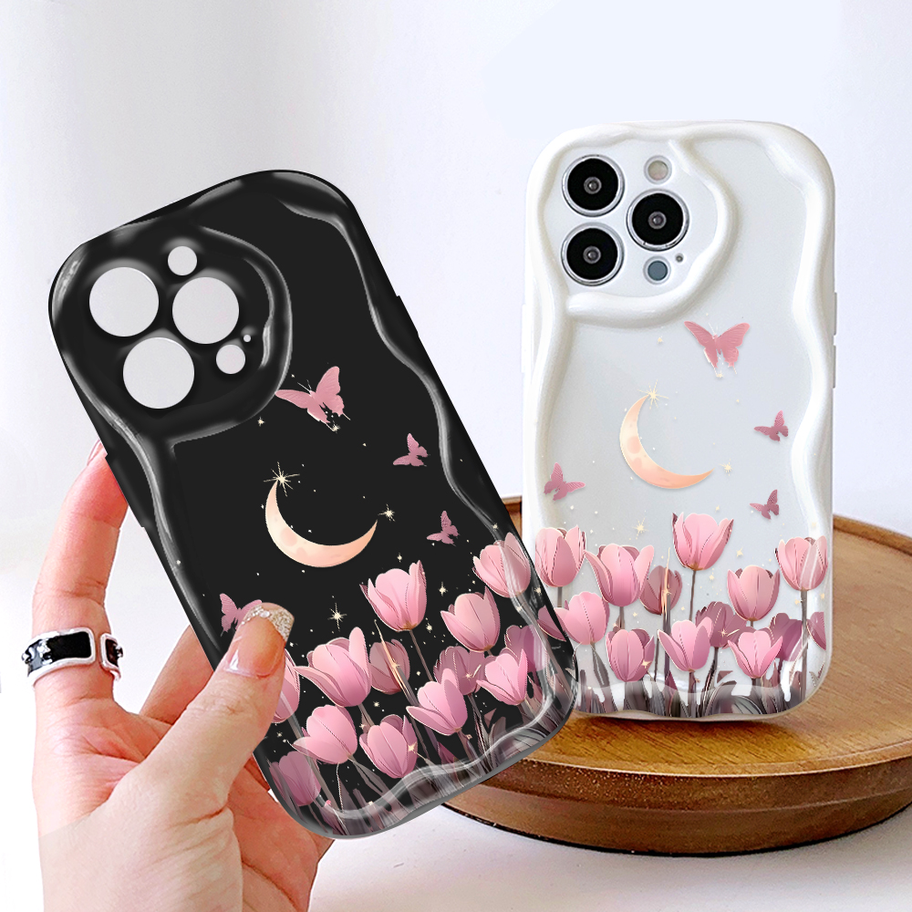 Hontinga for Redmi Note 10 5G Xiaomi Poco M3 Pro 4G Back Cover Tulip Butterfly Phone Case Texture Wavy Edge Soft Mobile Cover. 