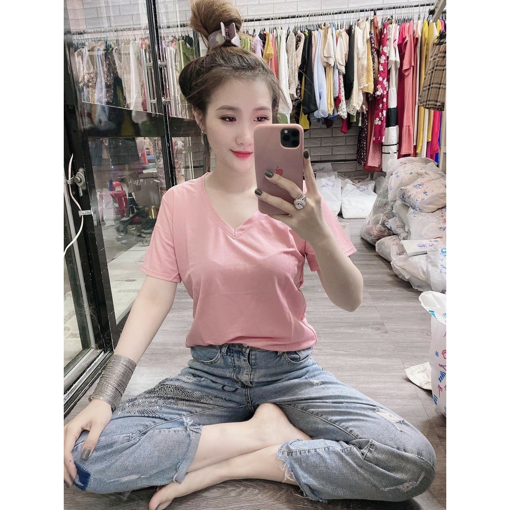 Áo thun trơn cổ tim kiểu dáng trẻ trung chất cotton