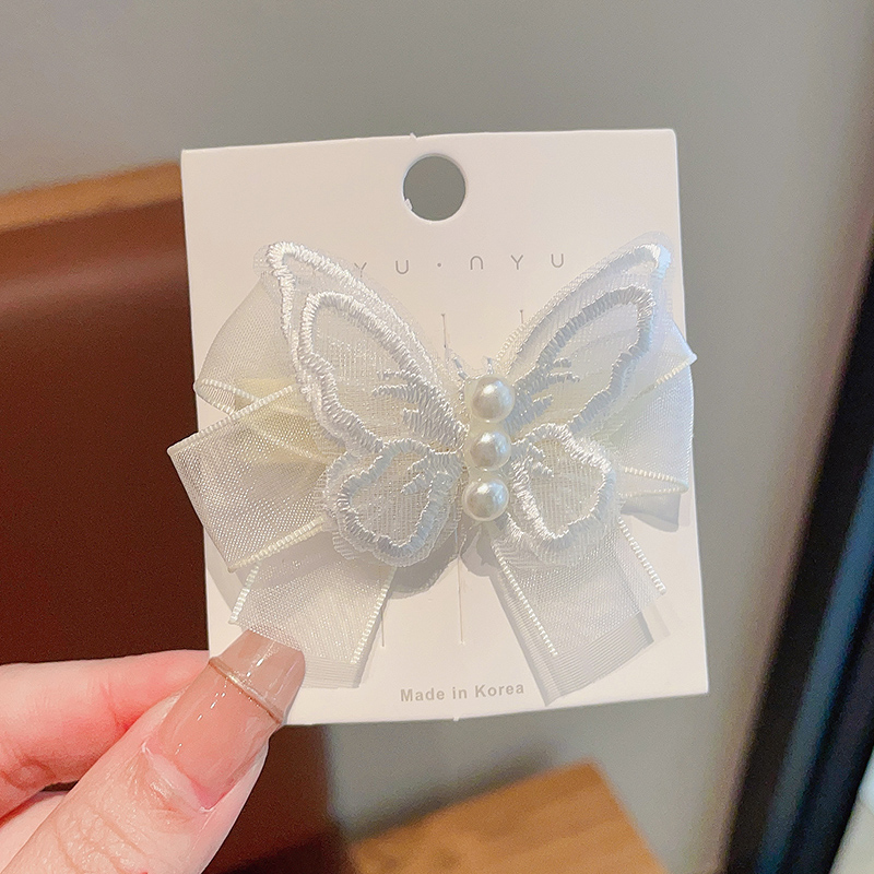 Children's white mesh butterfly pearl hairpin forest fairy fairy hairpin side bangs clip headdress