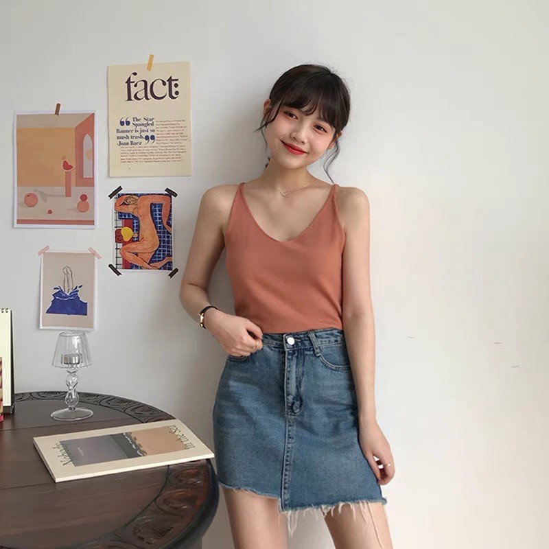 Áo 2 dây cổ tim len lông cừu siêu mềm