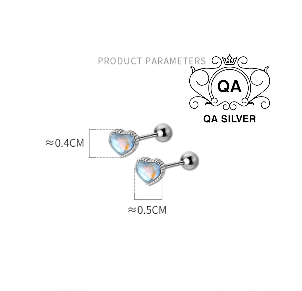 Khuyên tai bạc 925 trái tim đính đá chốt bi vặn ánh xà cừ bông nụ nam nữ S925 HEART QA SILVER Earrings EA220402