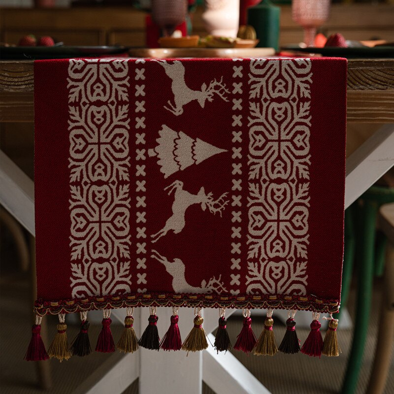 Christmas Table Runner with Tassels Yarn-dyed Jacquard Xmas Snowman Table Cloth Table Runner for Dining Home Table Decoration