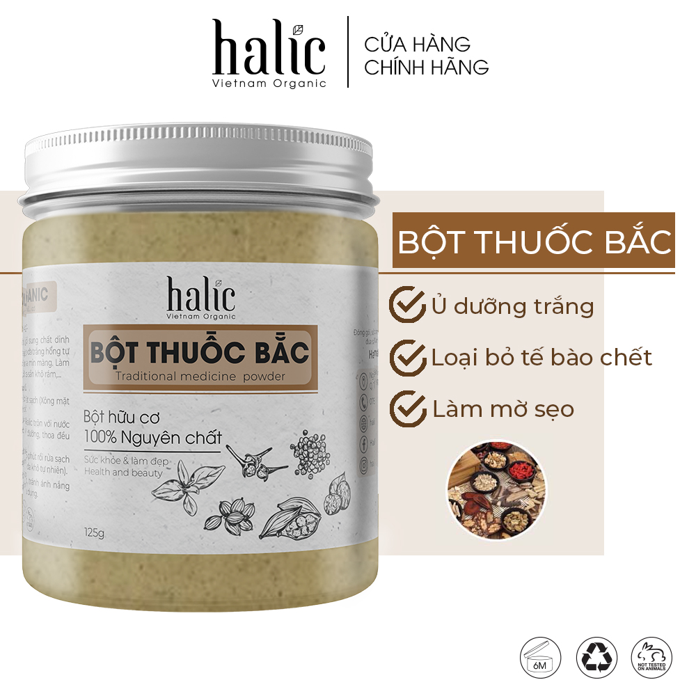Bột tắm trắng thảo dược Thuoc Bắc 24 vị nguyên chất Halic Organic 125G đắp mặt nạ tắm trắng, giảm mụn, mờ thâm nám, trẻ hoá làn da