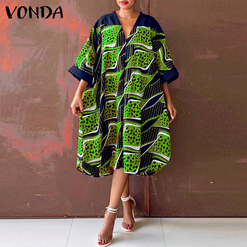 VONDA%20Women%20V%20Neck%203/4%20Batwing%20Sleeve%20Mini%20Dress%20Plus%20Size%20Printed%20Robe%20Dress%20(Plus%20Size)%20-%20Image%203