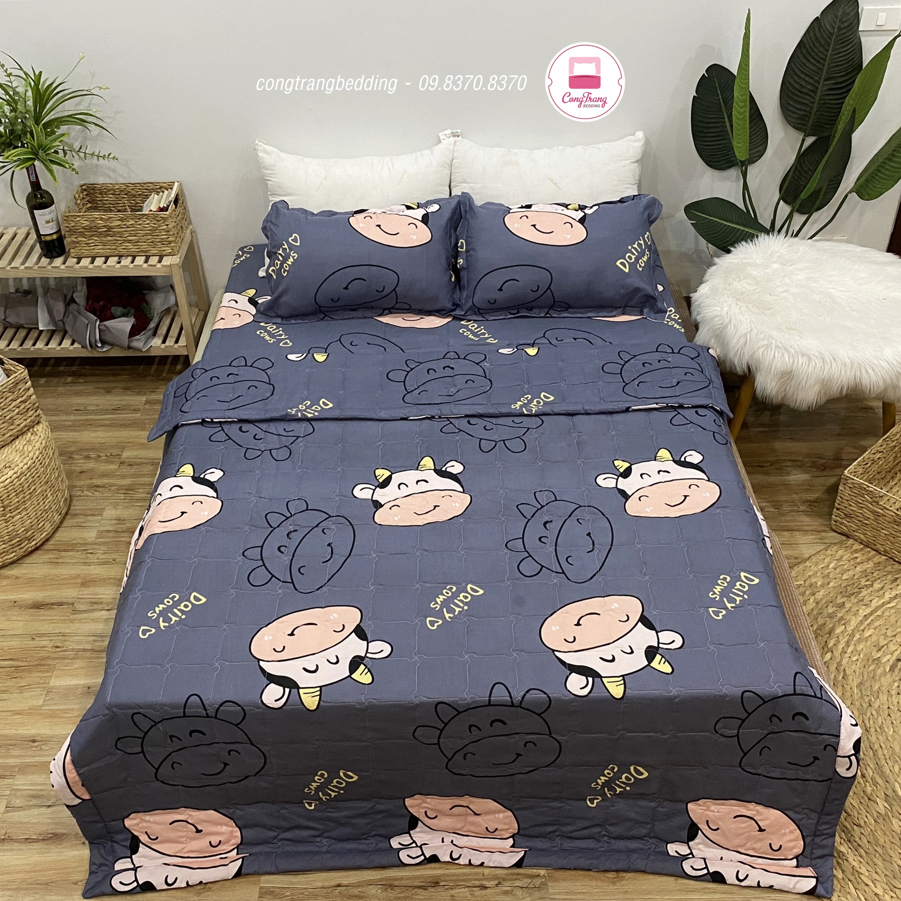 Trọn Bộ 5 Món Mền Chần Gòn - Ga - Gối - Gối ôm Bò Sữa Ghi 1m8x2m và 1m6x2m
