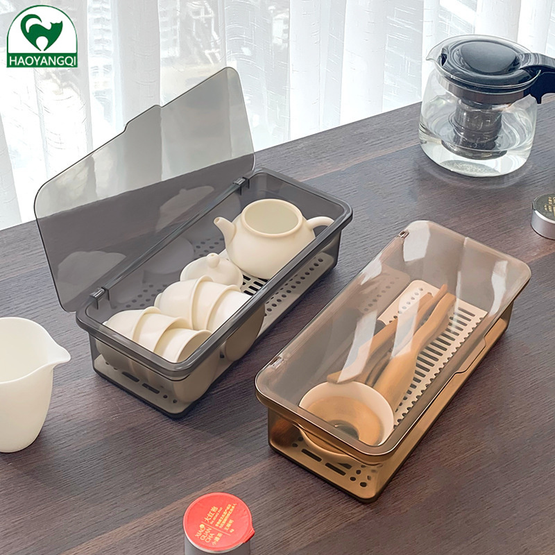 Hộp lưu trữ Bộ ấm trà hai lớp hộp đựng có nắp lưu trữ chống bụi để bàn nhà bếp đũa hộp lưu trữ khay giá thoát nước tiết kiệm không gian