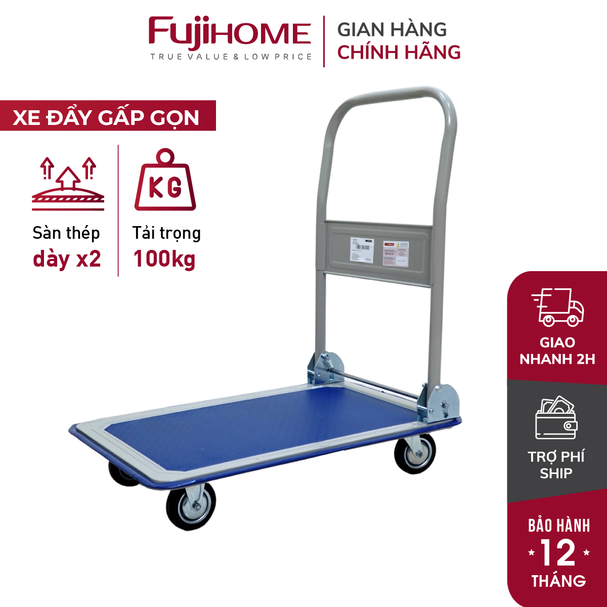 Xe đẩy hàng 4 bánh gấp gọn 100kg Nhập Khẩu CN Nhật Bản Fujihome SH150, bánh cao su siêu bền chống ồn, xe kéo hàng sàn thép gấp gọn đa năng xếp gọn - Bảo hành 1 năm