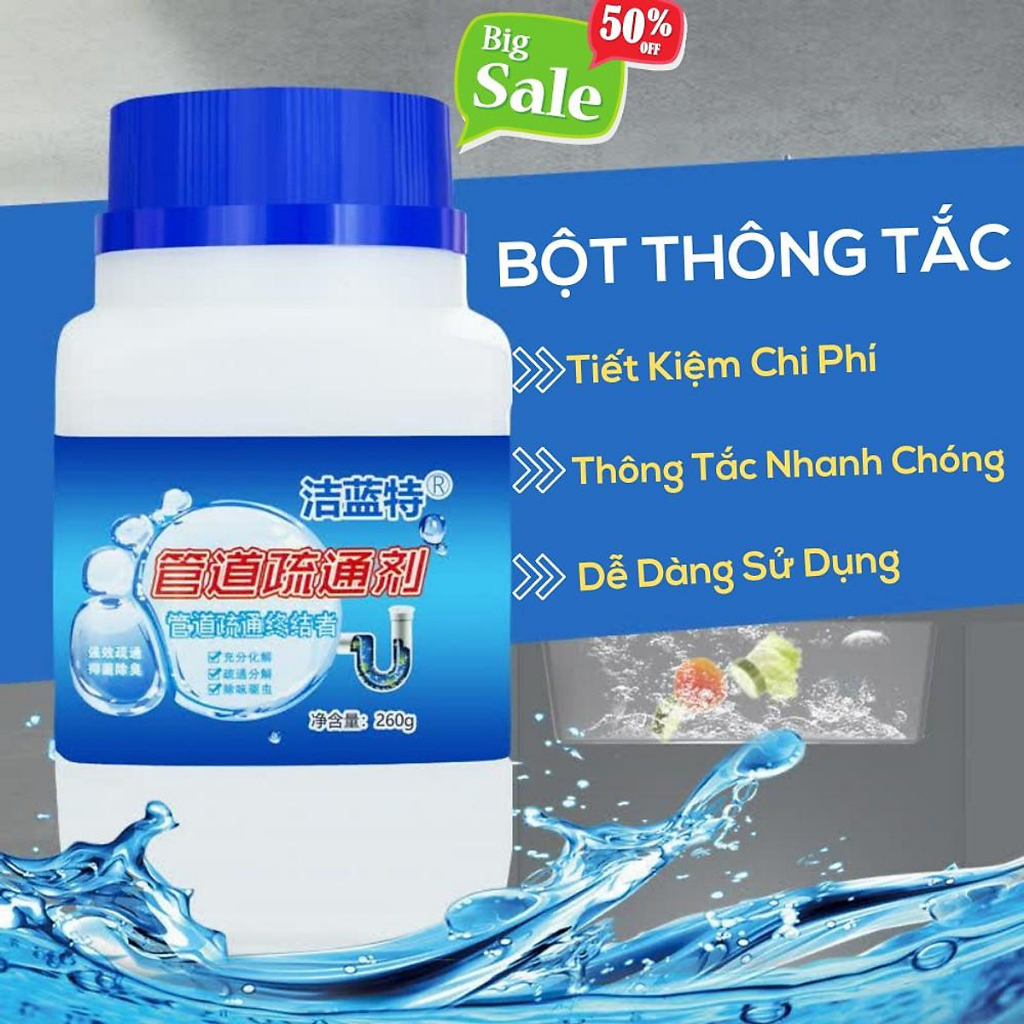 Bột làm sạch đường ống chống tắc nghẽn lavabo, bồn rửa bát, rửa mặt. bột thông tắc cống, bồn cầu, toilet cực mạnh 260g