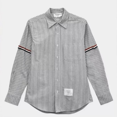 Áo sơ mi thom kẻ xanh xám dài tay vải cotton lụa cao cấp thêu vạch màu bắp tay logo chữ bụng lịch lãm