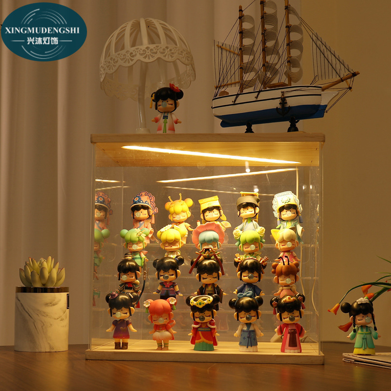 XMDS💖 Hộp đồ chơi sưu tập lưu trữ Giá trưng bày bong bóng Mart búp bê lưu trữ hộp Acrylic trong suốt chiếu sáng tủ trưng bày tay gỗ đặc bằng nhựa acrylic đơn giản