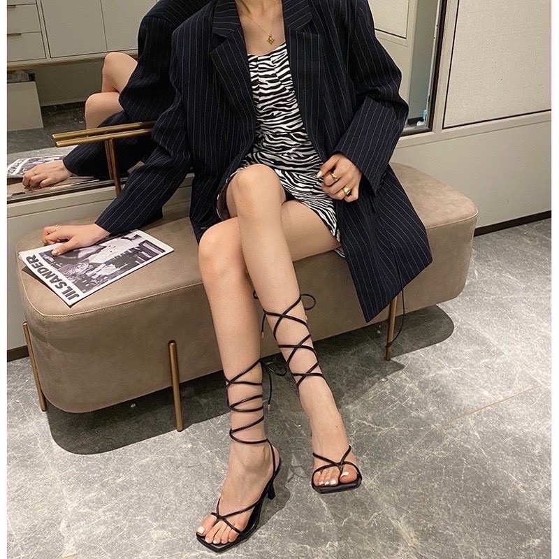 Giày sandal xỏ ngón cột dây chiến binh gót 7 phân
