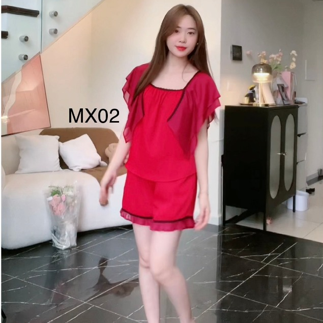Quần áo nữ Đồ bộ mặc nhà, bộ đùi hè mát vải lụa vân gỗ co giãn nhẹ