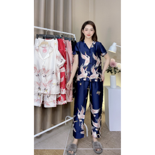 Bộ Pizama lụa mango - 💖Bộ lụa tay cộc - quần dài họa tiết con hạc [ẢNH CHỤP THẬT]