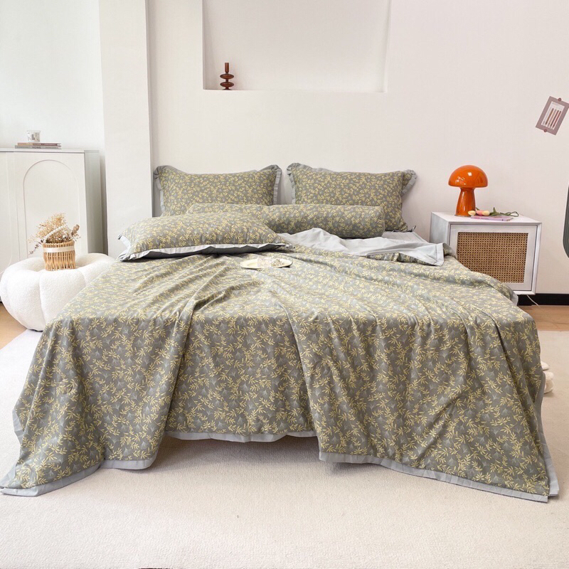 Set 5 món chăn ga trần bông hè cotton đũi bo chun hoạ tiết hoa lá