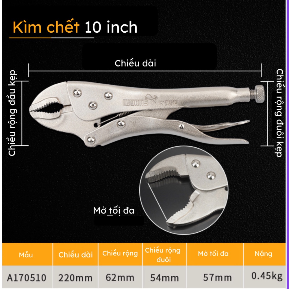 Kìm kẹp chết cán trơn Wynn's kích 10 inch, kìm chết/kìm bấm chết mini
