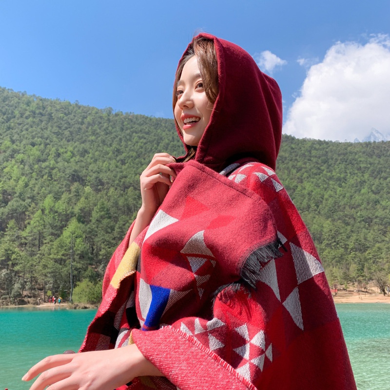 Khăn choàng cổ hai mặt giả cashmere họa tiết hình học tua rua phong cách dân tộc nổi tiếng dành cho bạn nữ khi đi