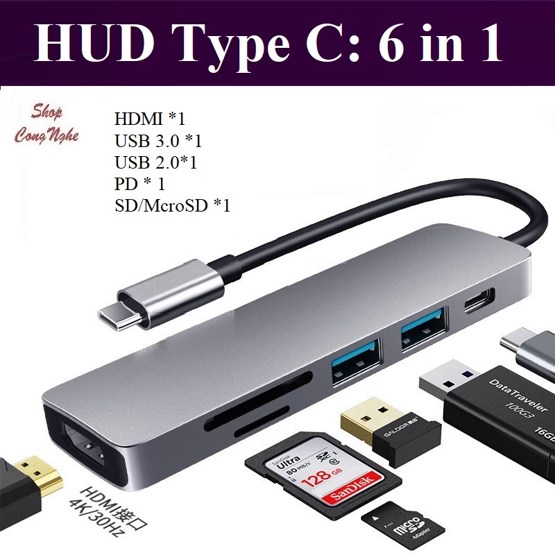 Hub Type C - Cổng chuyển đổi HUB USB Type-C to HDMI, USB 3.0, SD, TF