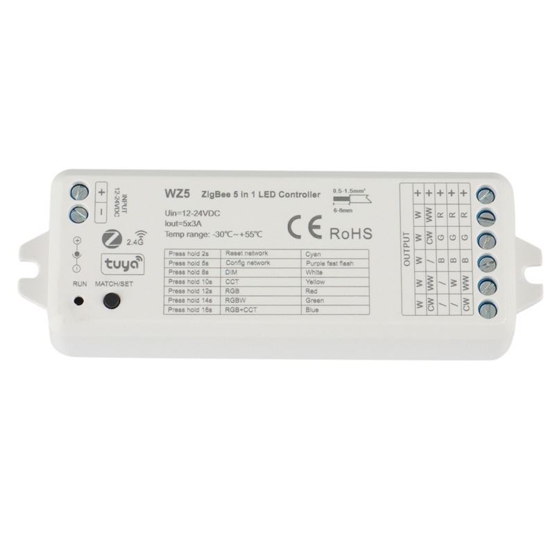 Wz5 tuya zigbee led controller dc12v 24v 5in1 dimmer cct rgb rgbw rgbww rgbcct strip tuya smart life app voice control