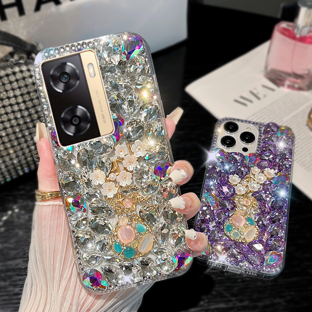 Case oppo a98 a78 5g a77s a58 a17 a17k a57 2022 a78 5g a96 a76 a95 shiny casing a55 a95 a74 5g a54 phone case 3d vase rhinestone flower luxury full shiny phone case