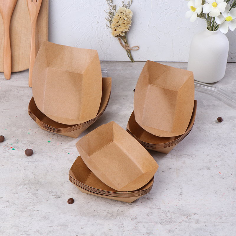 10Pcs Disposable Kraft Paper Boats Plates Tray Sushi Boat Box Coated Oil-Proof Paper Box Fried Food Packaging Box Party Supplies. 