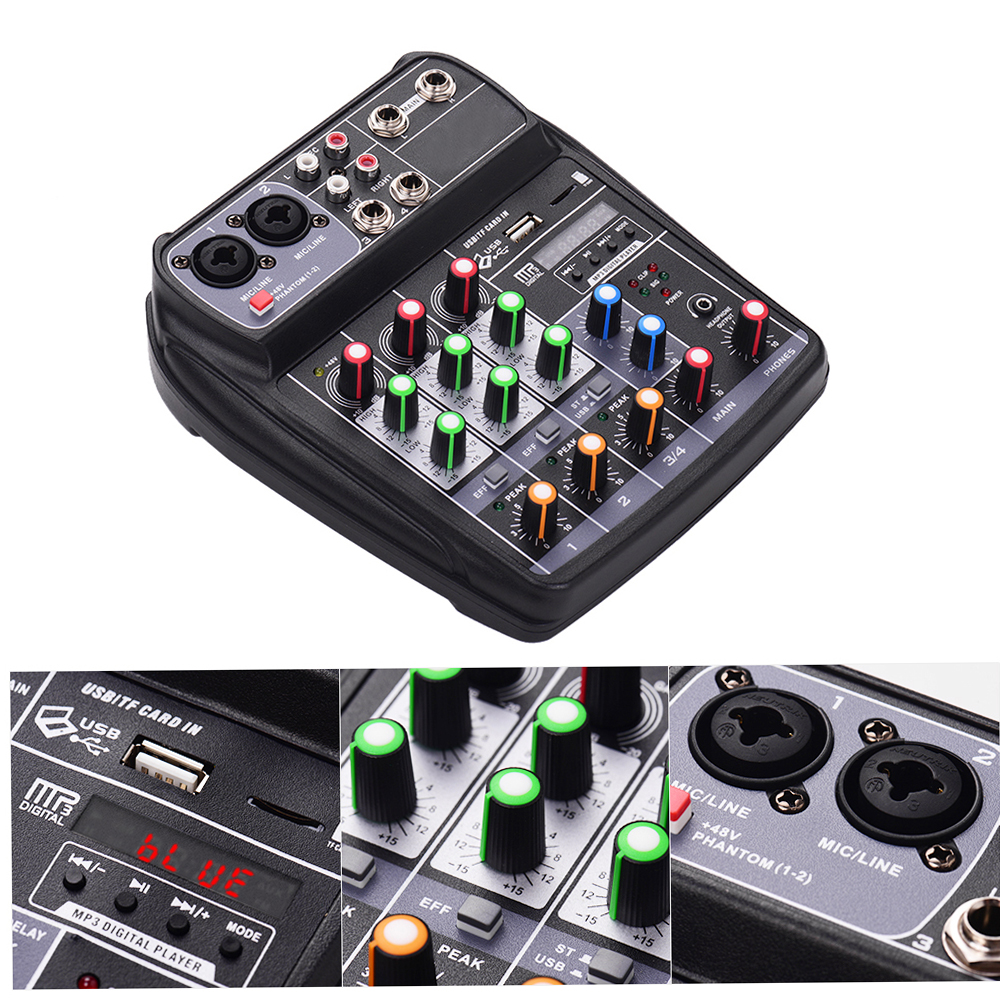 Bộ trộn âm thanh kỹ thuật số AI-4 Bộ trộn âm thanh kỹ thuật số 4 kênh BT MP3 Đầu vào USB + Nguồn ảo 48V để ghi nhạc Mạng DJ phát sóng trực tiếp Karaoke