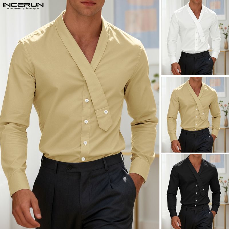 INCERUN Shirts For Men Leisure Ribbon V-neck Long Sleeve Button Up ...