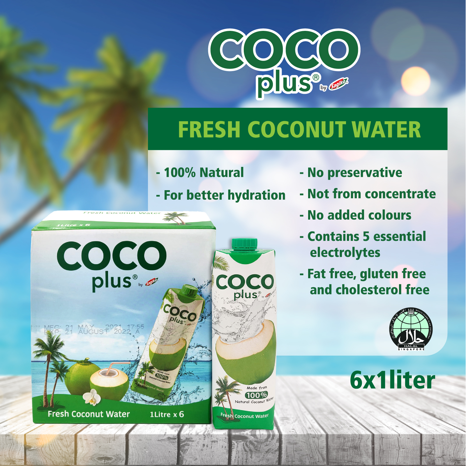 Sagiko Coco Plus Fresh Coconut Water - Halal - 1L x 6 Packets