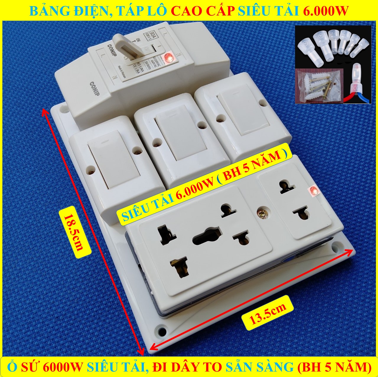 Bảng điện TỔNG 6000W SIÊU CHỊU TẢI (BH 5 NĂM) + 3 Công tắc + 1 Ổ cắm SỨ SIÊU TẢI 6000W CÓ lò xo chống giãn + ĐÃ ĐI DÂY TO sẵn sàng + Bộ vít lắp đặt (bộ 1 sp)
