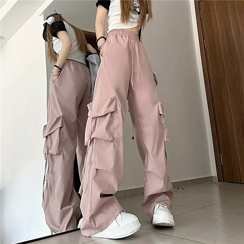 Jmprs Y2K quần nữ vận chuyển hàng hóa quần thường ngày hip hop dáng rộng phong cách Mỹ quần trơn thời trang thắt dây có túi lớn cạp cao