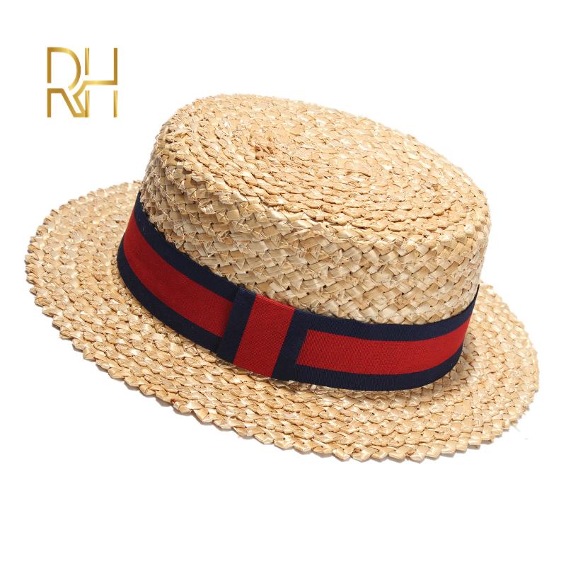 %E3%80%90ComfyCrossing%E3%80%91Summer%20Female%20Natural%20Stiff%20Wheat%20Straw%20Boater%20Fedora%20Top%20Flat%20Hat%20Women%20Beach%20Flat%20Brim%20Cap%20With%20Red%20Navy%20Stripe%20Ribbon%20RH%20-%20Image%202