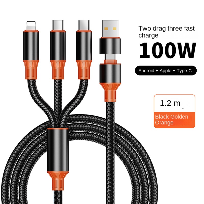 Mới 100W Cáp dữ liệu sạc nhanh nylon bện 6A hai kéo Ba cáp sạc một kéo Ba đa chức năng Cáp sạc