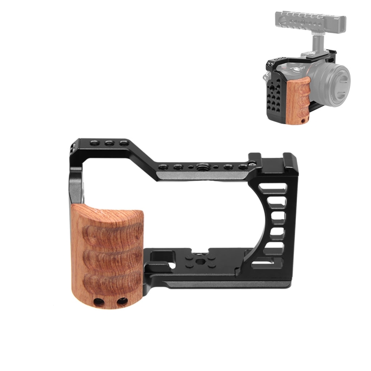 For sony alpha 7c / ilce-7c / a7c puluz wood handle metal camera cage stabilizer rig