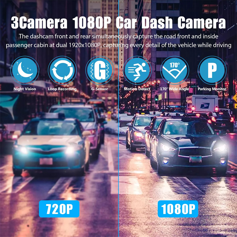 3 Channel Car DVR HD 1080P 3-Lens Inside Vehicle Dash CamThree Way Camera DVRs Recorder Video Registrator Dashcam Camcorder.