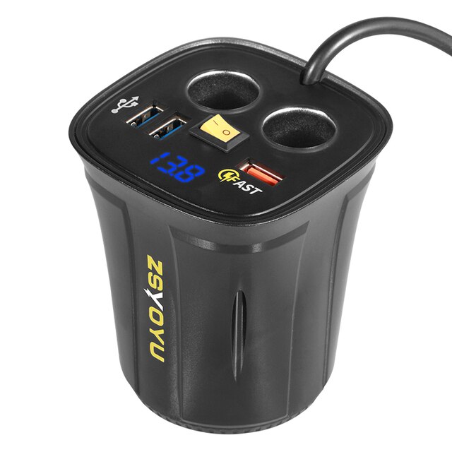 ZZOOI Fast QC3.0 USB Cup Holder Car Charger Adapter  Voltmeter 12V Socket Display Temperature Waterproof power switch
