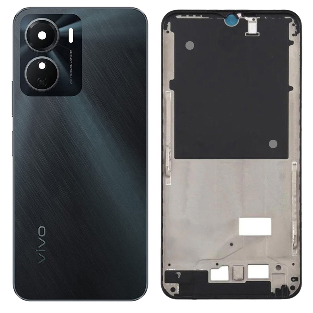 Vivo Y16 Middle Frame Housing With Power and Volume Buttons and Camera Lens Complete Body Casing Replacement For Y16 - Black