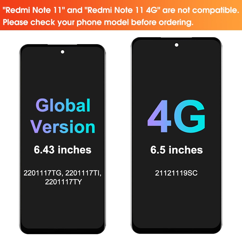 Screen Replacement For Suitable For Xiaomi Redmi Note 11 2201117TG, For Redmi Note 11 4G Lcd Display Digital Touch Screen With Frame Assembly