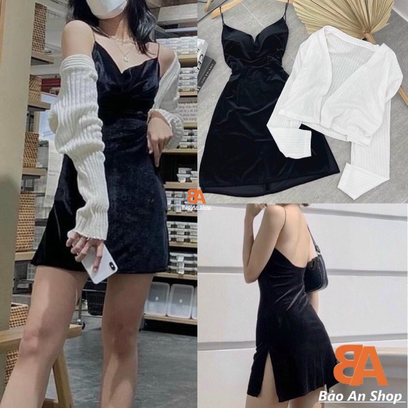 Sét Áo Khoác Gân + Đầm Nhung Dây (Có Mút Ngực)