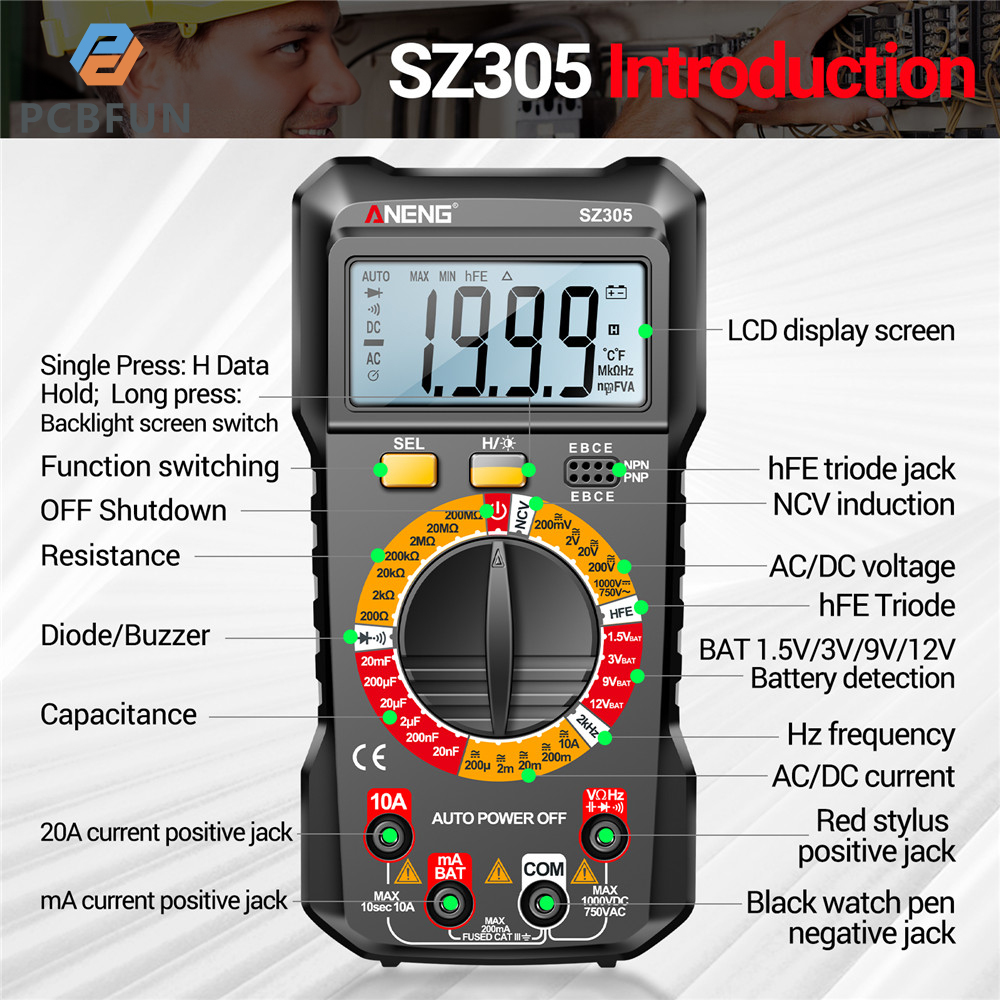 pcbfun Aneng Sz304 Sz305 Multimeter Volt Ohm Amp Meter Autoranging For Ac/dc Current Voltage Resistance Frequency Tester Maximum Count 2000