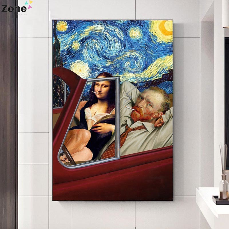 Art Funny Van Gogh and Mona Lisa, driving posters, abstracts, paintings, wall photos, home decor