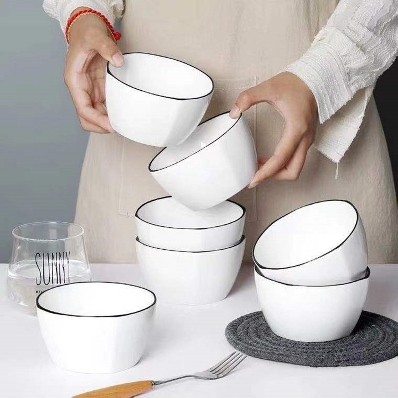 Chén sứ trắng viền đen cao cấp, chén ăn cơm , chén sứ cao cấp, chén trắng đơn giản.
