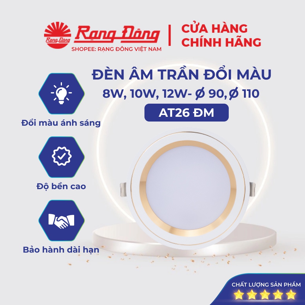 Đèn led âm trần đổi màu rạng đông, mắt trâu downlight, 8w,10w,12w, lỗ trần 90, 110 model: at26 đm