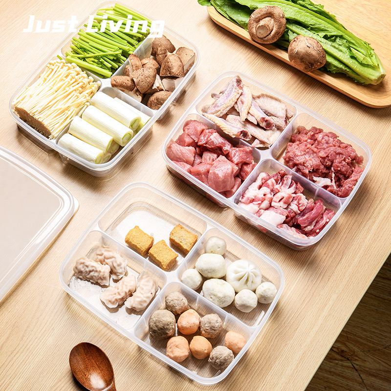JustLiving Hộp Sắp Xếp Tủ Lạnh 4 Ngăn Trong Suốt Hộp Đựng Có Nắp Hộp Đựng Bảo Quản Giữ Tươi Cho Tủ Lạnh Có Thể Xếp Chồng Bằng PP Cấp Thực Phẩm Hộp Phục Vụ Hành Gừng Và Tỏi Đĩa Thịt Đông Lạnh